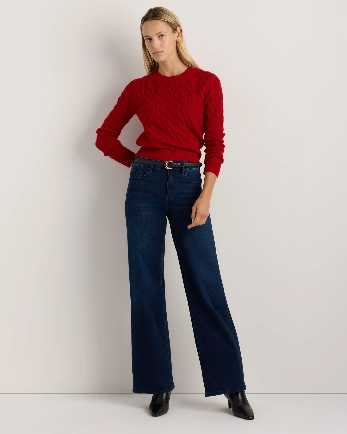 Mongolian Cashmere Shrunken Cable Crewneck Sweater - XS / Varsity Red