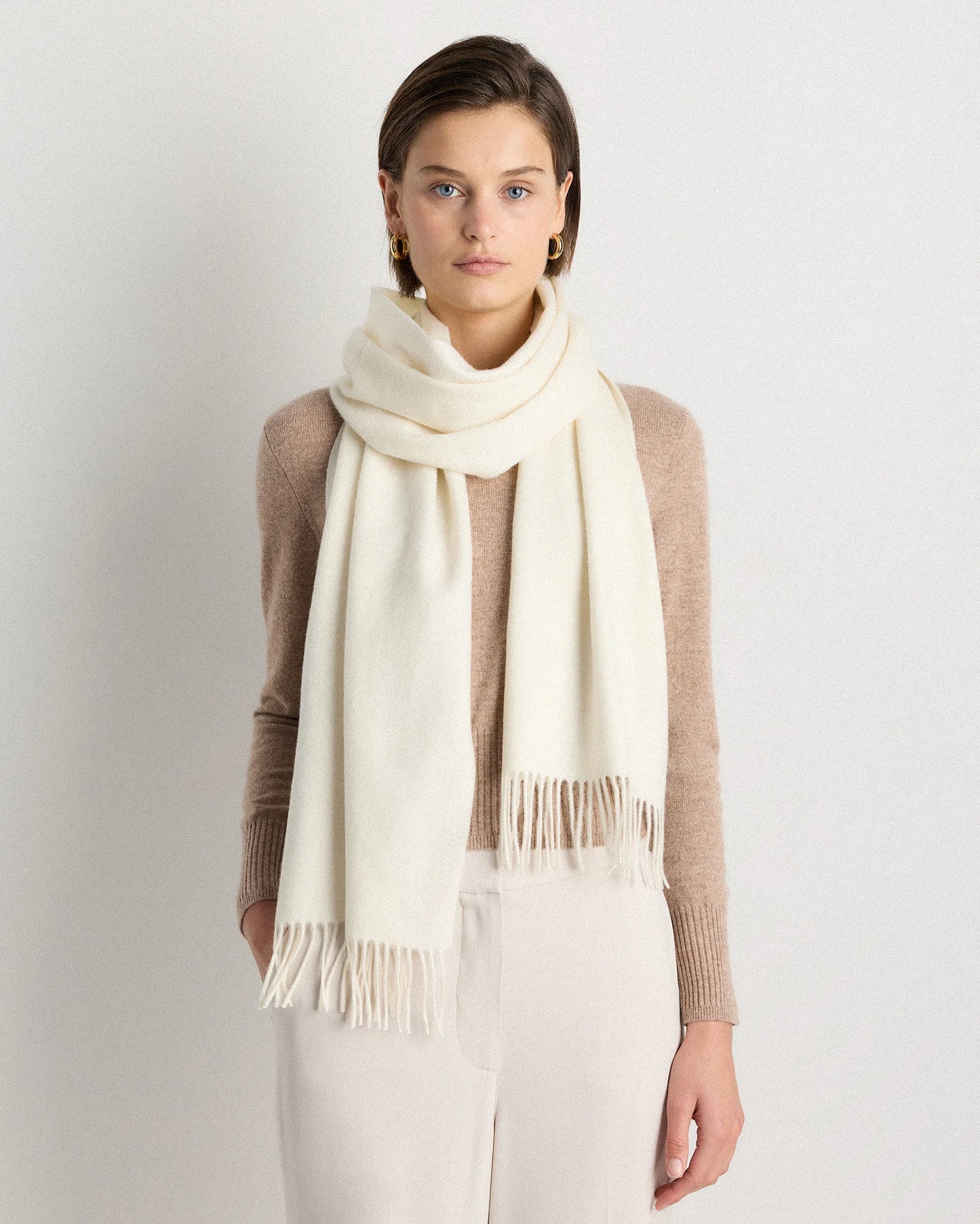 Mongolian Cashmere Woven Fringe Scarf - One Size / Ivory