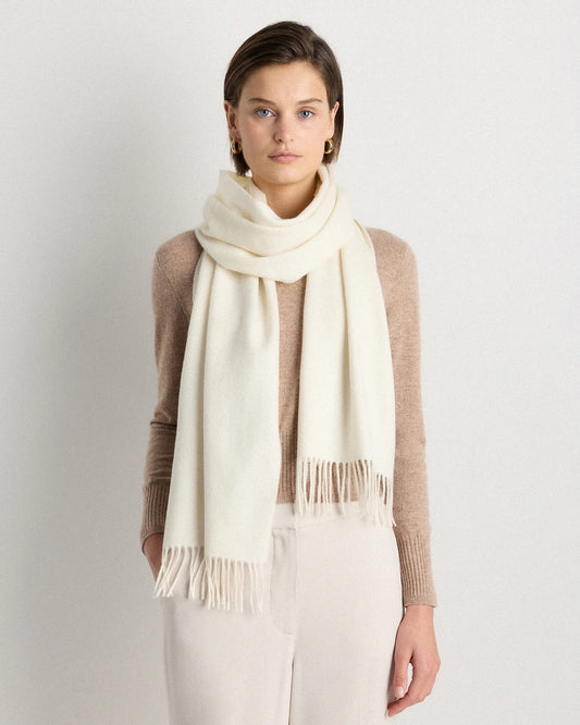 Mongolian Cashmere Woven Fringe Scarf - One Size / Ivory