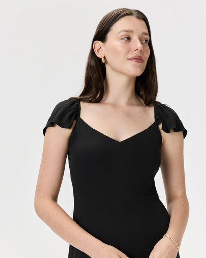 Lightweight Crepe Flutter Sleeve Midi Dress - XS / True Black