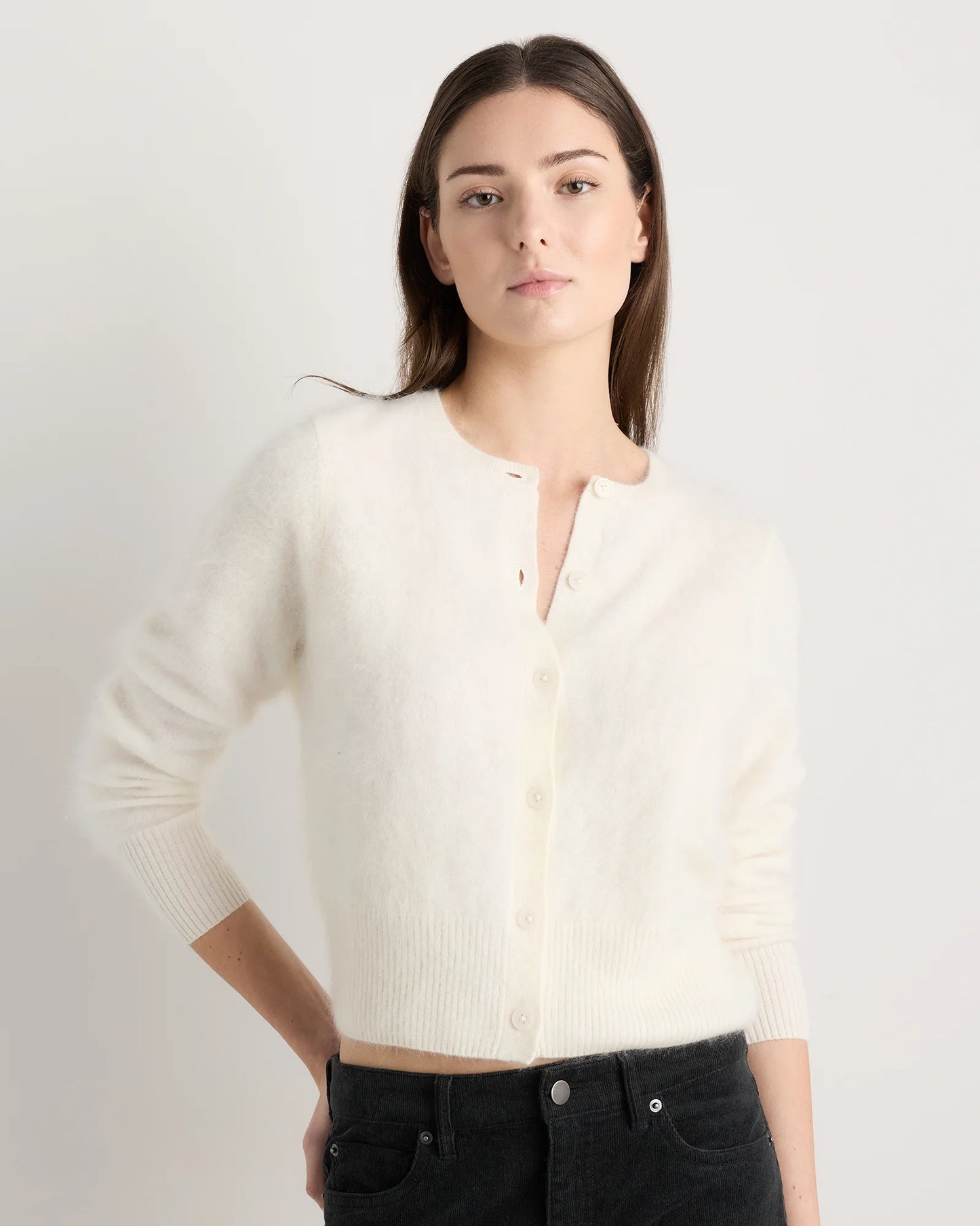 Brushed Cashmere Cropped Crewneck Cardigan - XS / Heather Grey