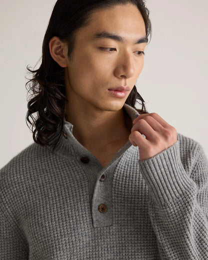 Mongolian Cashmere Waffle Quarter Button Sweater - S / Elk Brown
