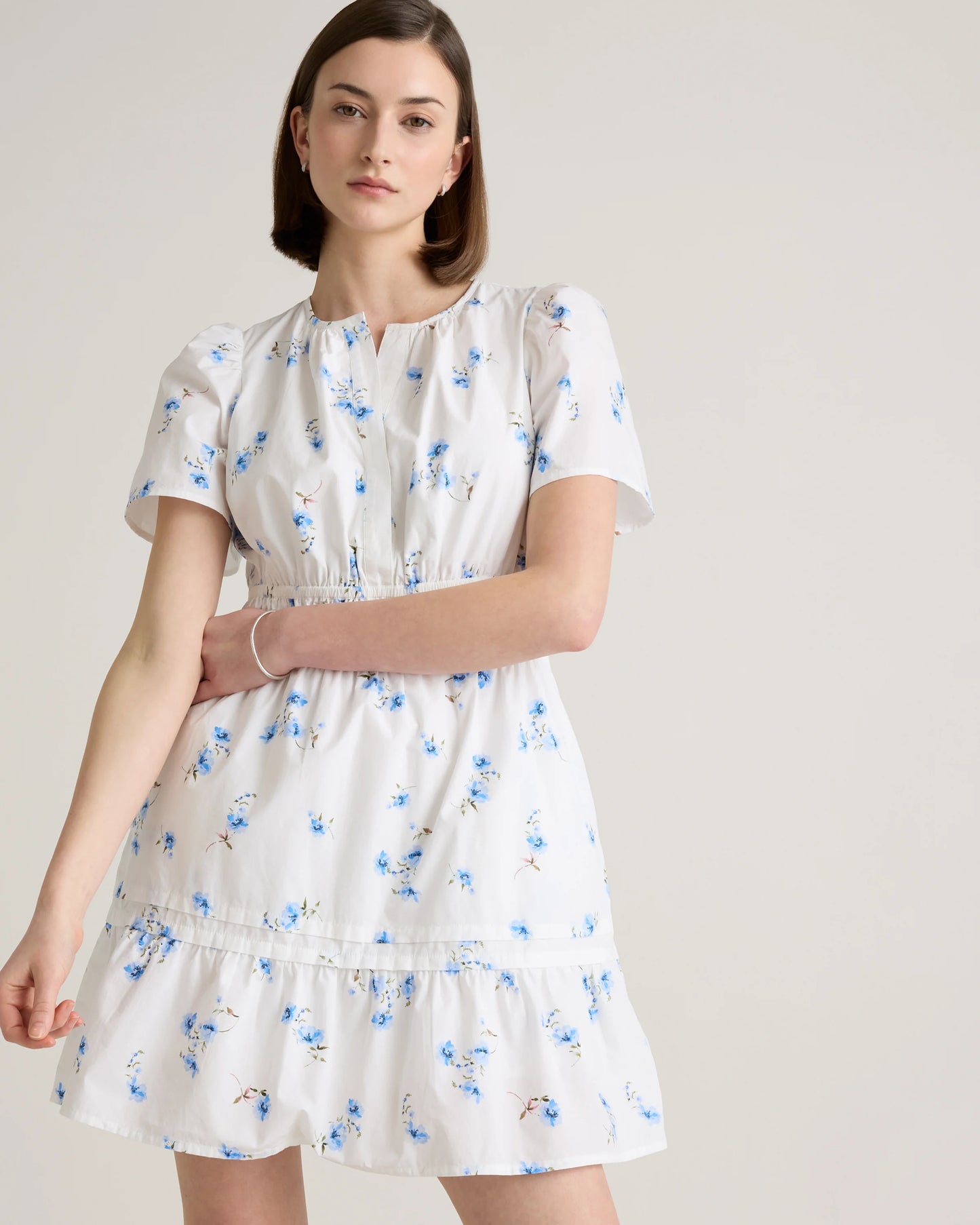 100% Organic Cotton Poplin Tiered Mini Dress - XS / Riviera Blue Heirloom Floral