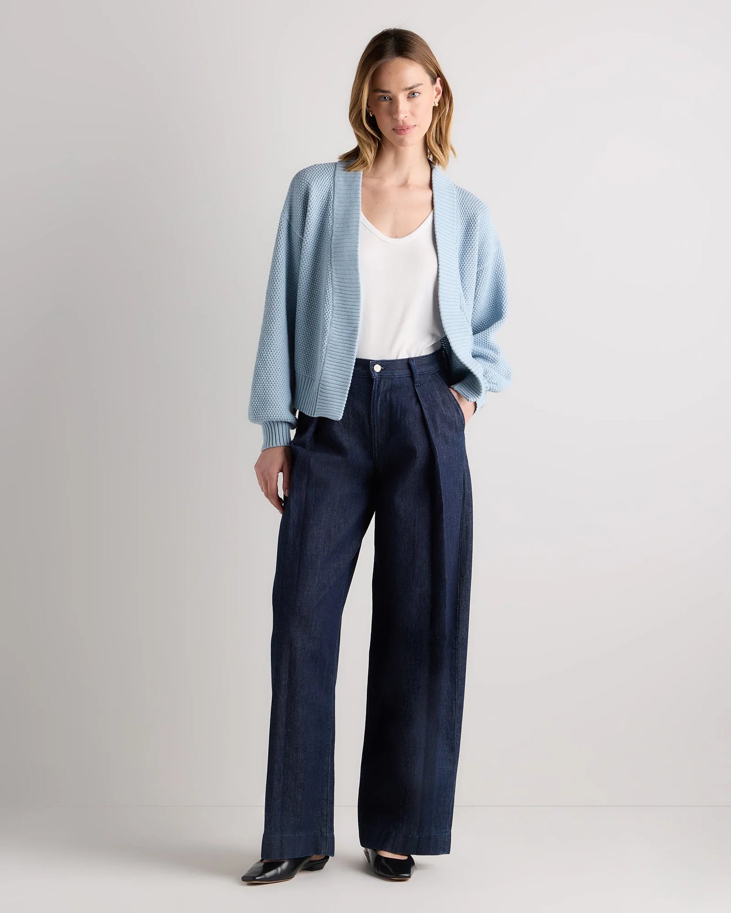 100% Organic Cotton Waffle Stitch Open Cardigan - XS / Sky Blue