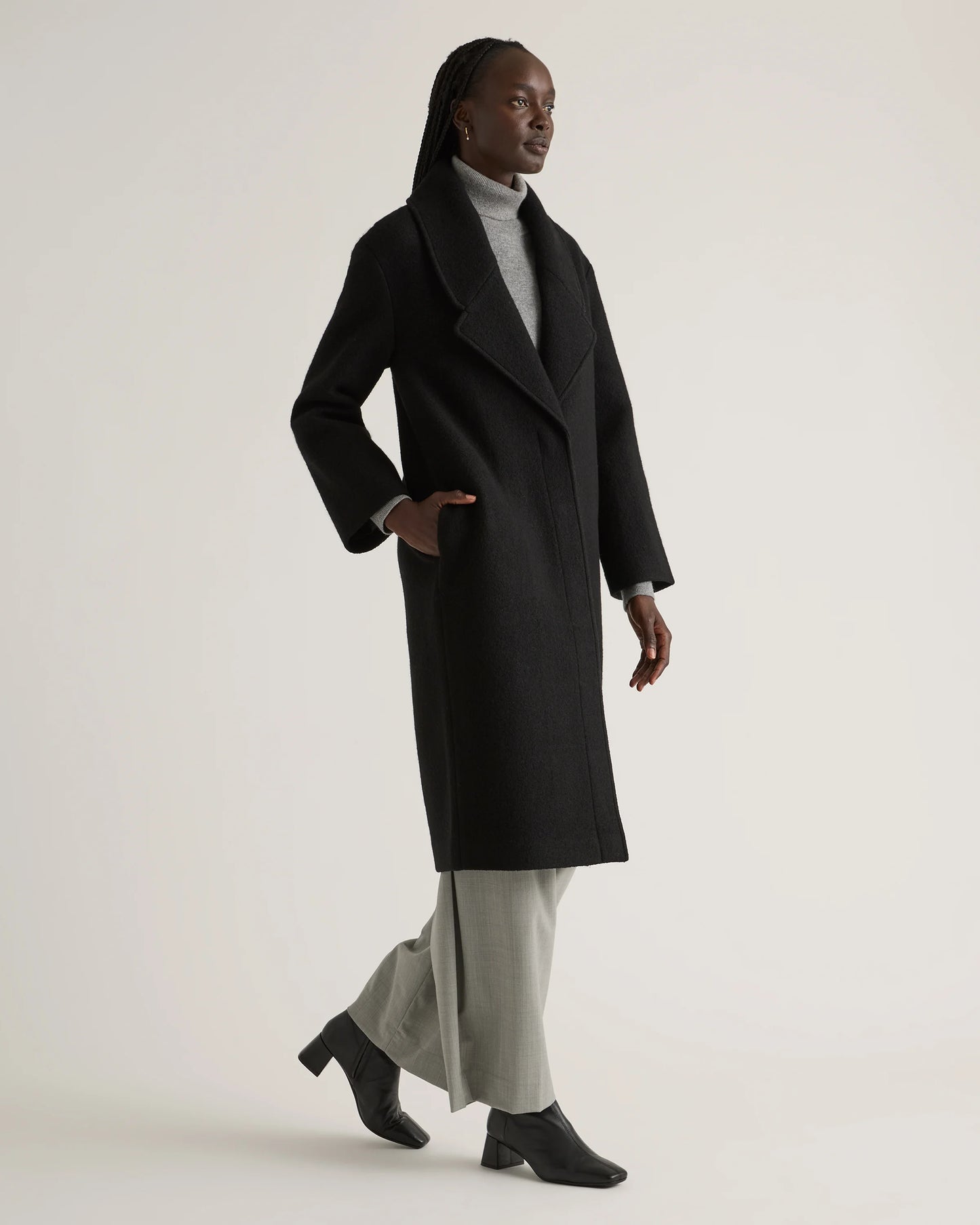 100% Merino Wool Shawl Collar Long Coat - XS / Heather Bone