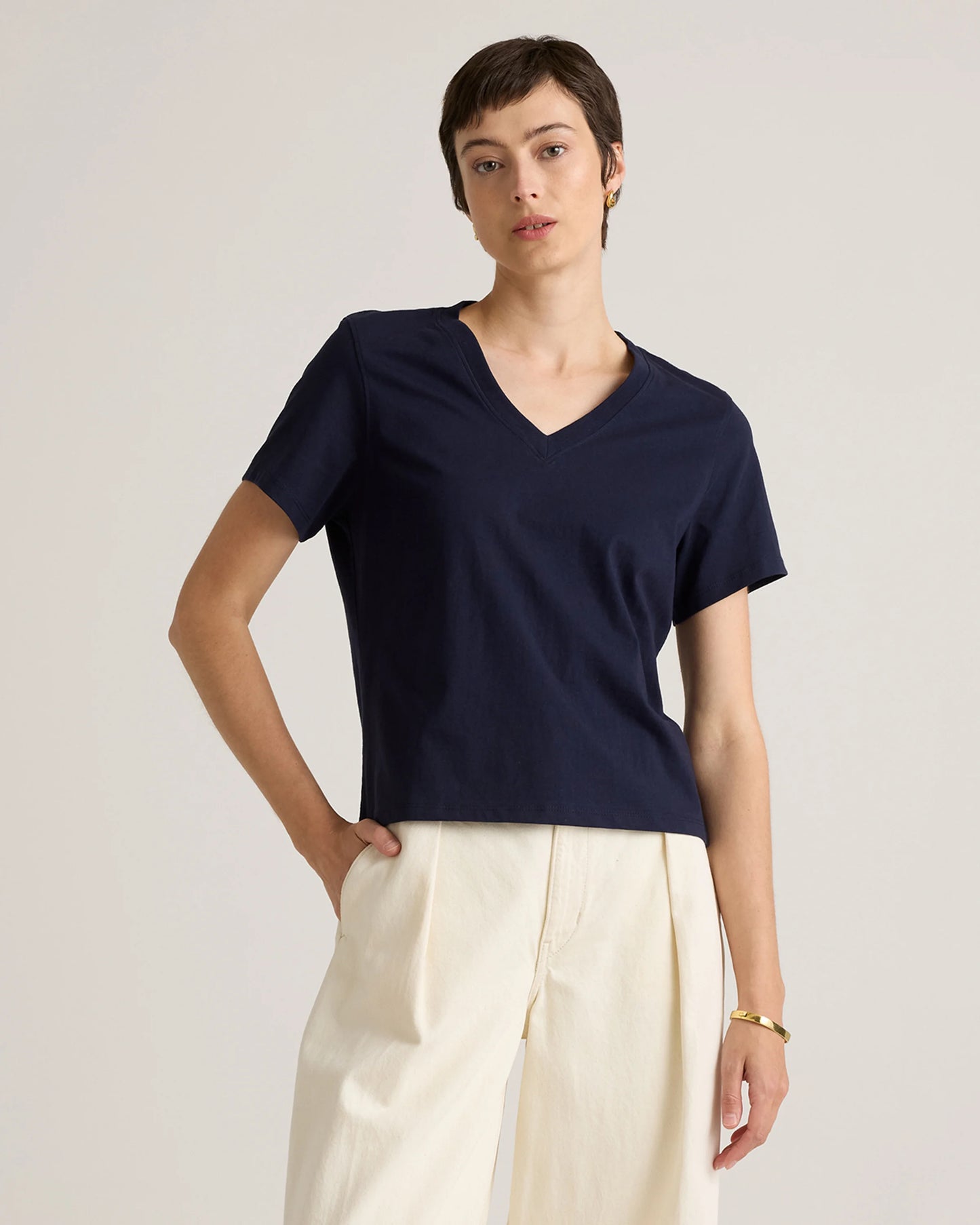 100% Organic Cotton Boxy V-Neck Tee - XS / Dusty Beige