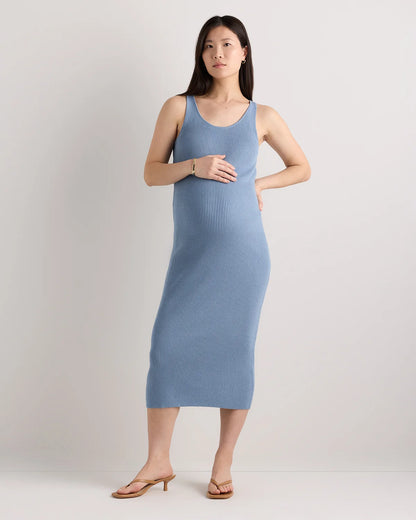 Lightweight Cotton Cashmere Maternity Fitted Midi Dress - XS / Mountain Spring Blue