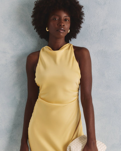 Washable Stretch Silk High Neck Midi Dress - XS / Vintage Navy Roses