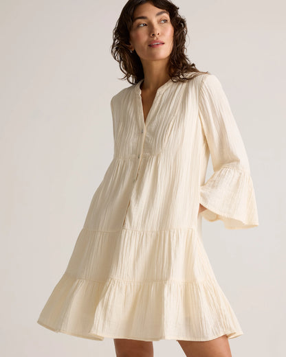 100% Organic Cotton Gauze Long Sleeve Tiered Mini Dress - XS / Amaranth Pink