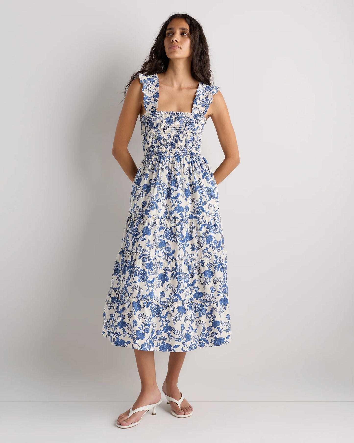 100% Organic Cotton Poplin Smocked Midi Dress - XS / Riviera Blue Heirloom Floral