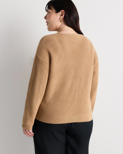 100% Organic Cotton Fisherman V-Neck Sweater - 1X / Speckled Beige