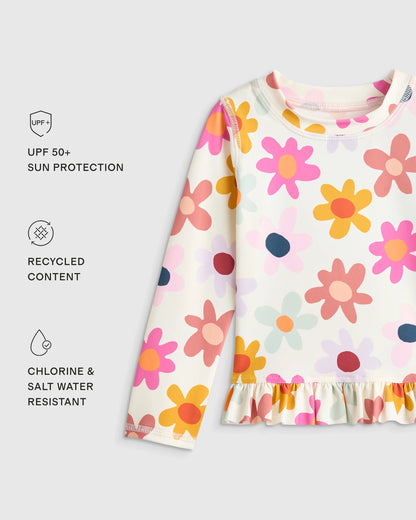 Long Sleeve Ruffle Rash Guard Two-Piece Swimsuit - 2T / Poolside Floral