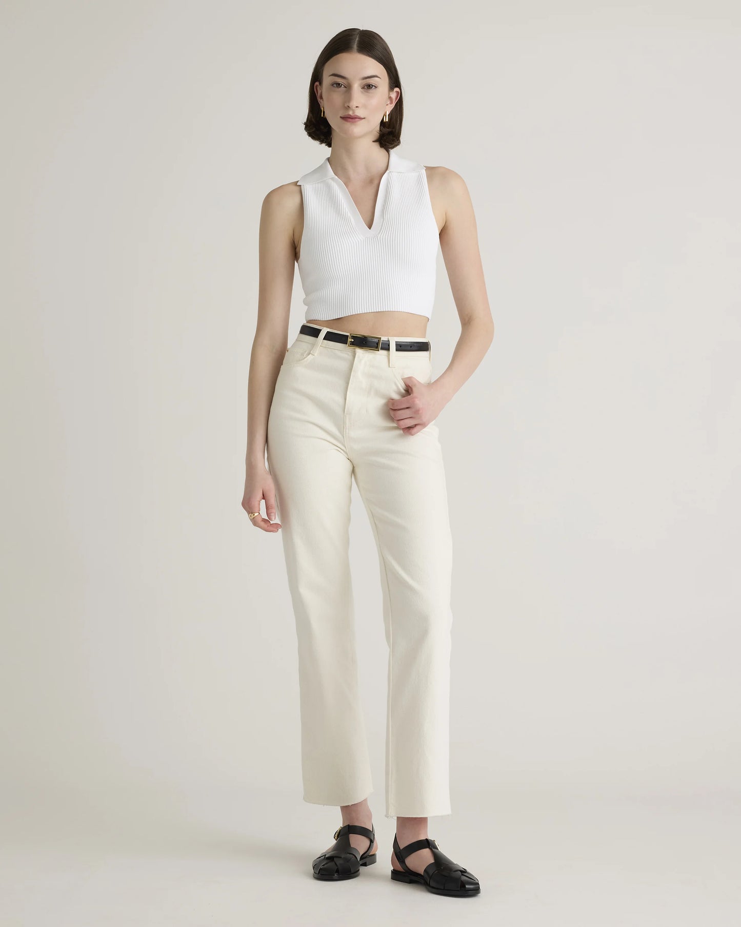 Cropped Polo Ribbed Knit Tank - XS / White