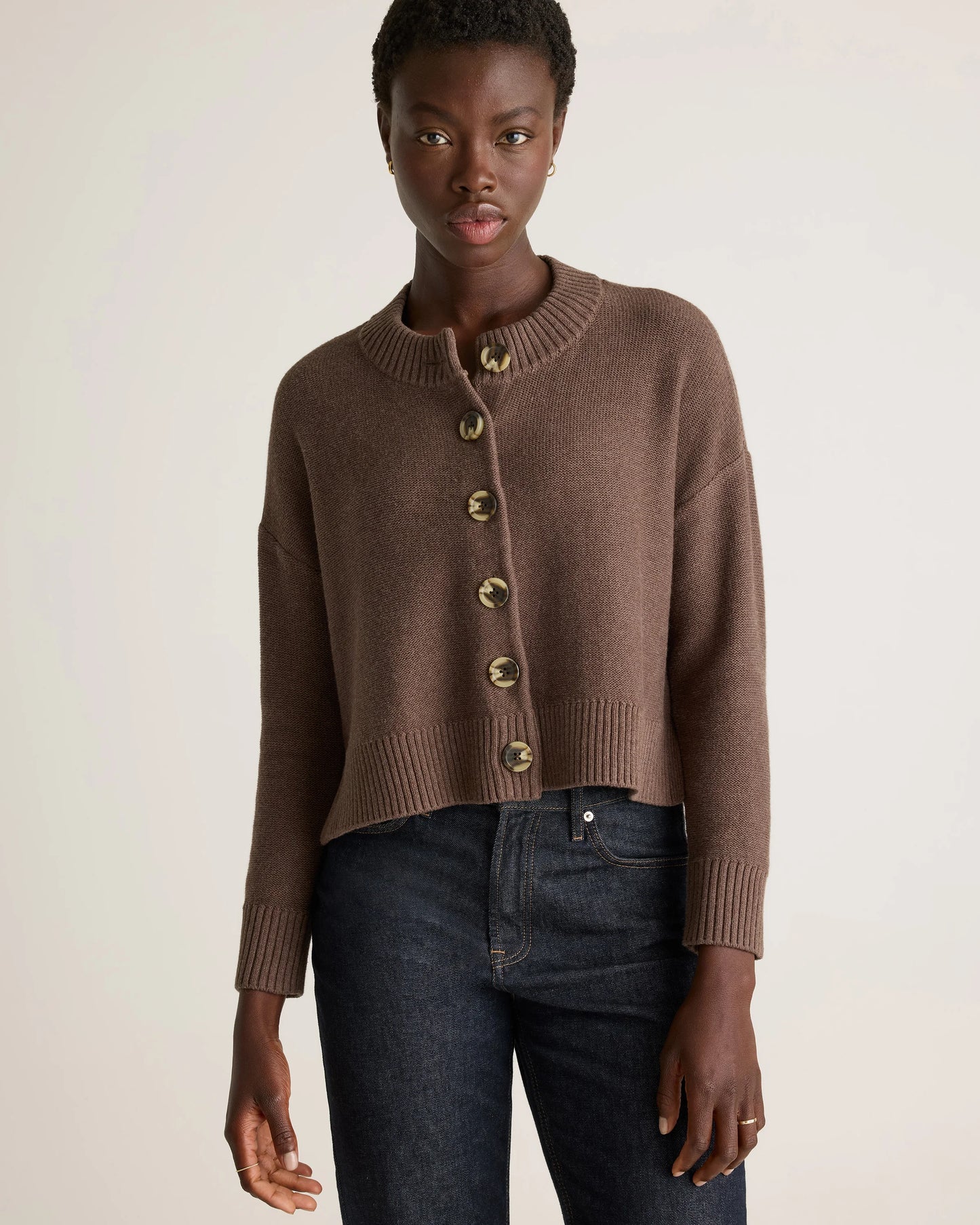 100% Organic Cotton Cropped Cardigan - XS / Heather Brown