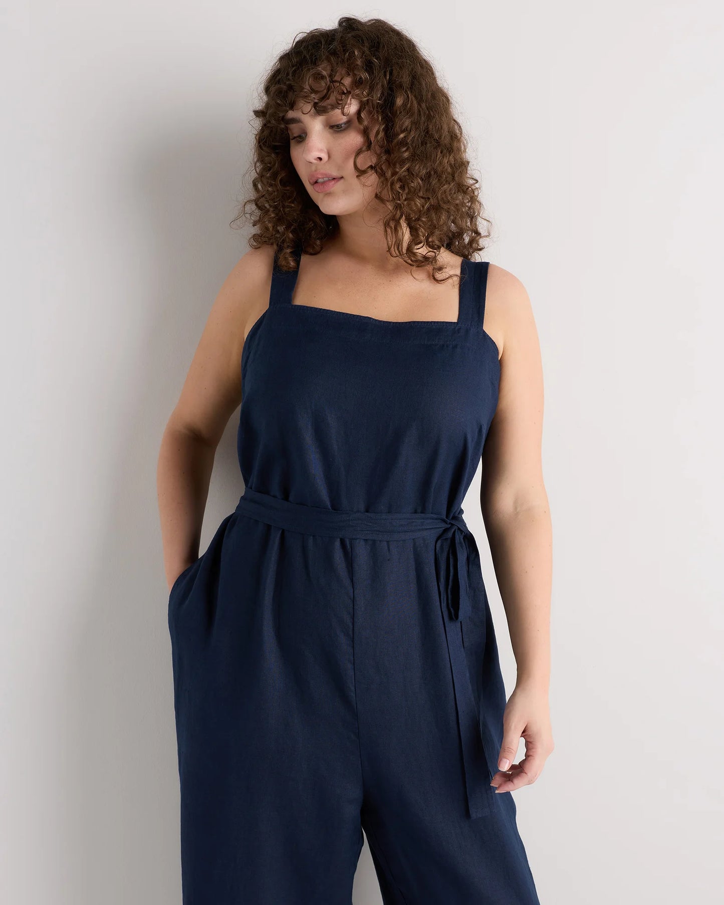 100% European Linen Square Neck Jumpsuit - 1X / Deep Navy