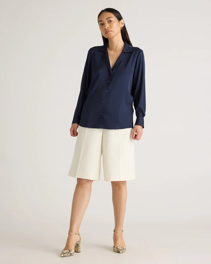 Washable Stretch Silk Notch Collar Blouse - XS / Moonstone Blue