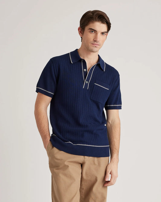 Organic Cotton-Silk Tipped Polo Sweater - S / Navy/Ivory