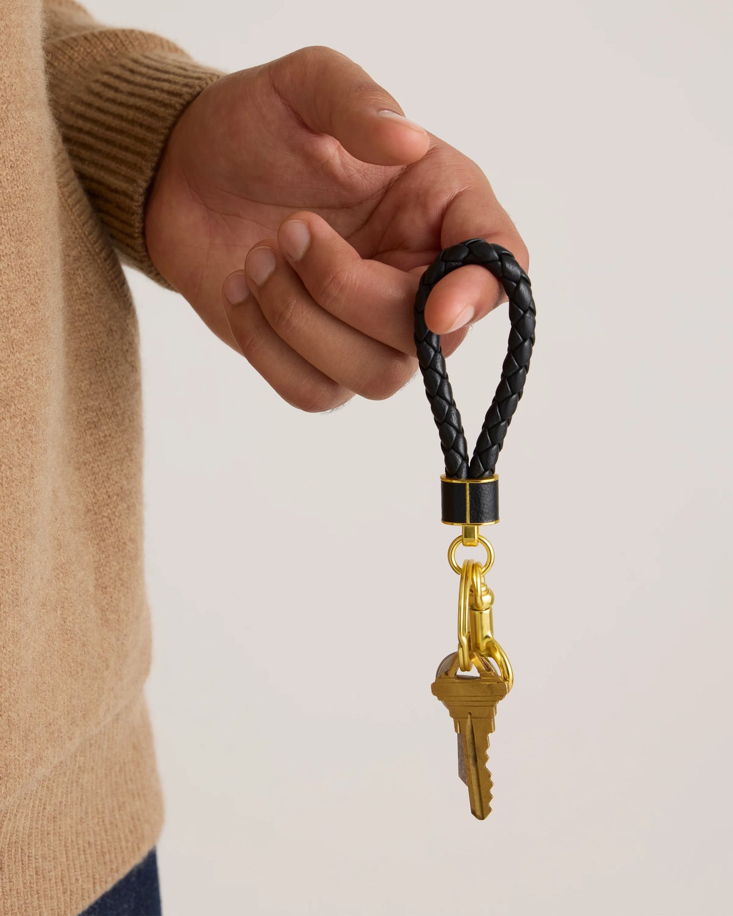 Italian Leather Braided Key Ring (2-Pack) - One Size / Black/Gold