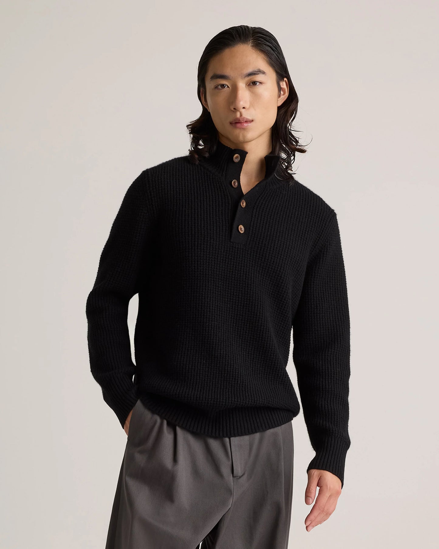 Mongolian Cashmere Waffle Quarter Button Sweater - S / Elk Brown
