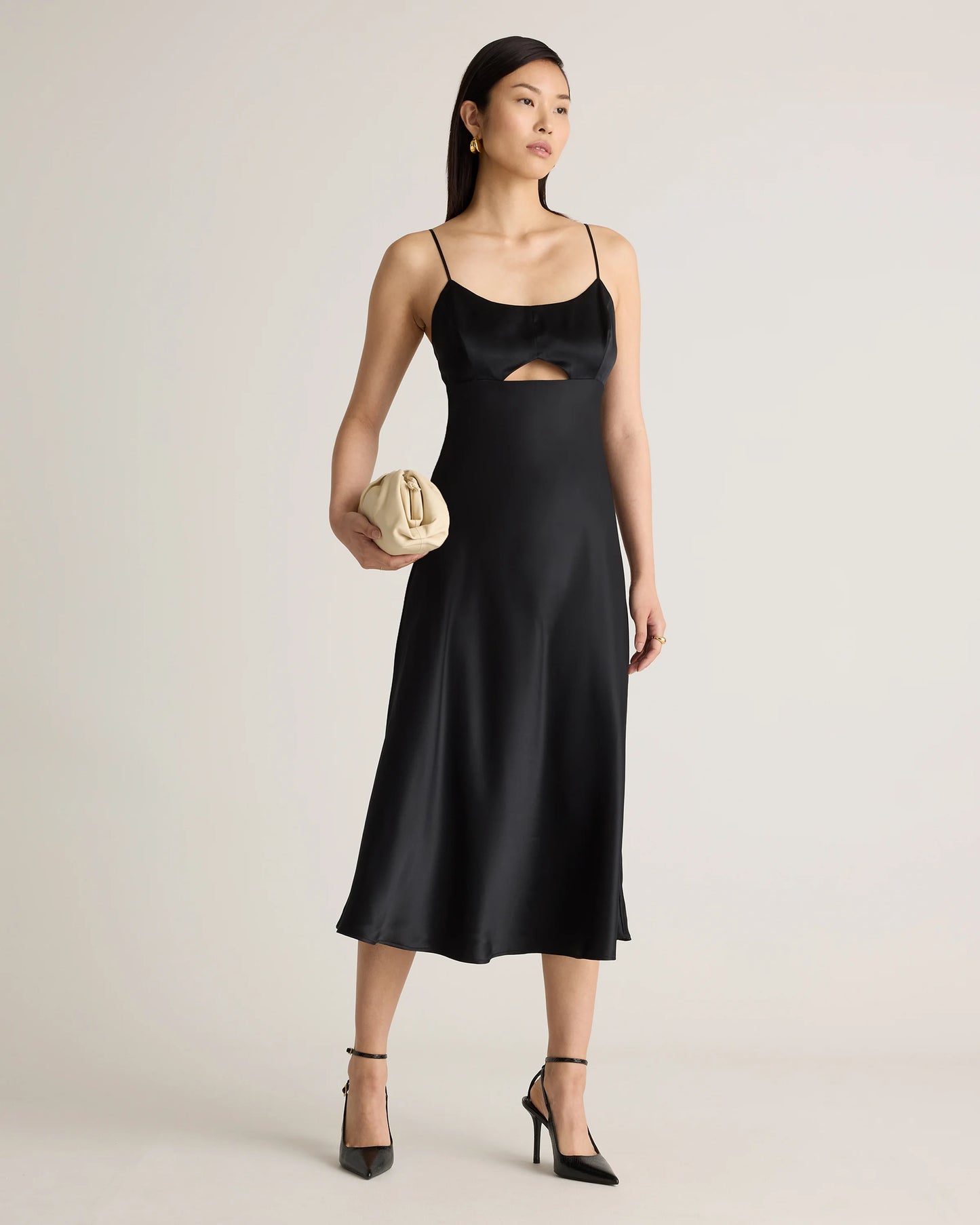 100% Washable Silk Cutout Midi Slip Dress - XS / Black