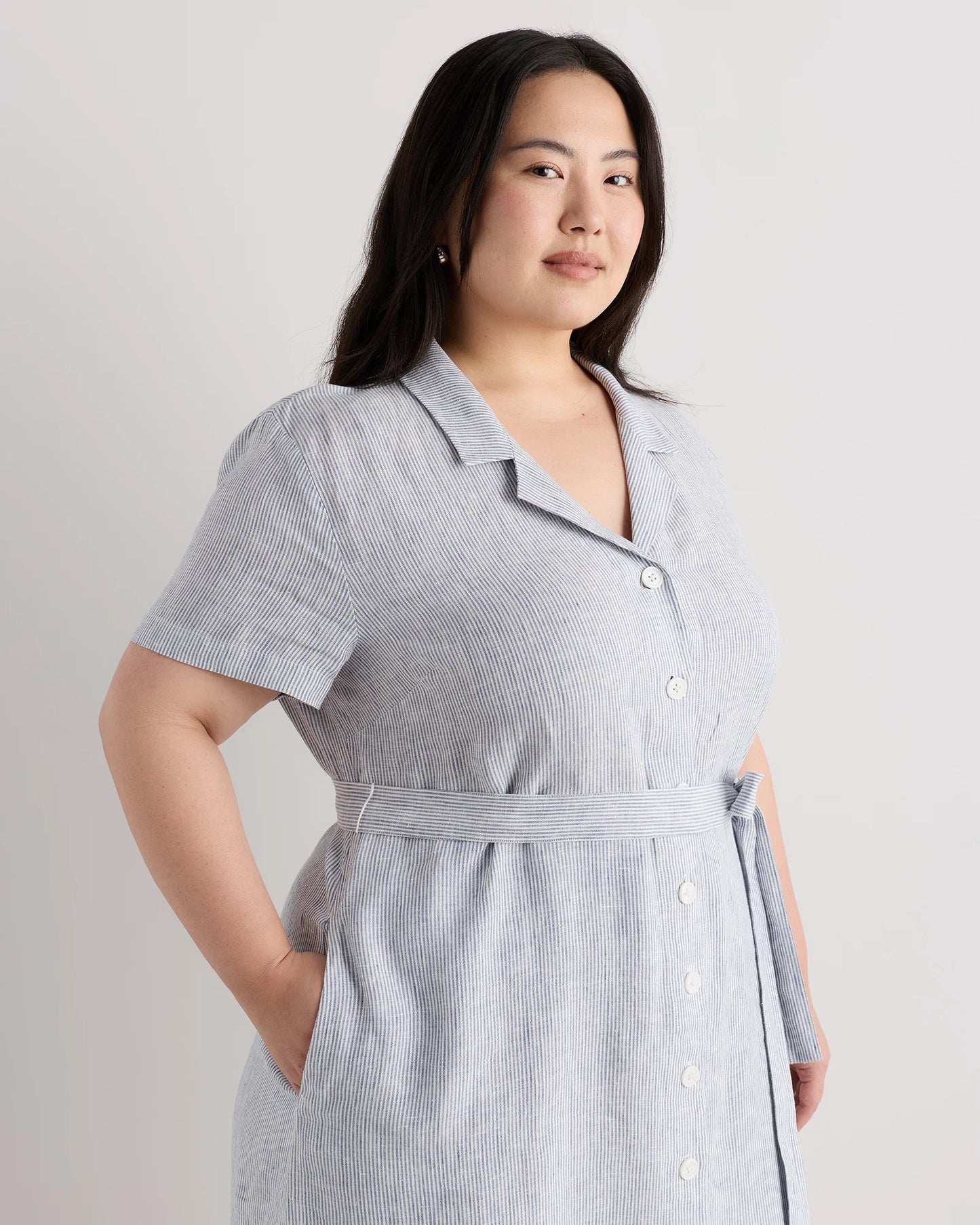 100% European Linen Button Front Dress - 1X / Blue Pinstripe