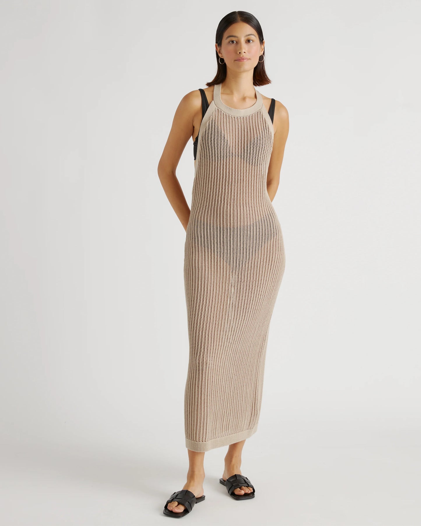 100% Organic Cotton Open-Knit Cover-Up Maxi Dress - XS / Beige