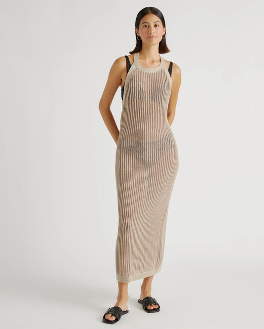 100% Organic Cotton Open-Knit Cover-Up Maxi Dress - XS / Beige