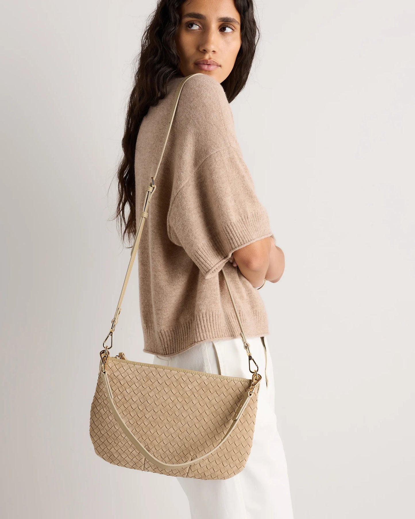 Sloane Suede Handwoven Mini Shoulder Bag - One Size / Pebble