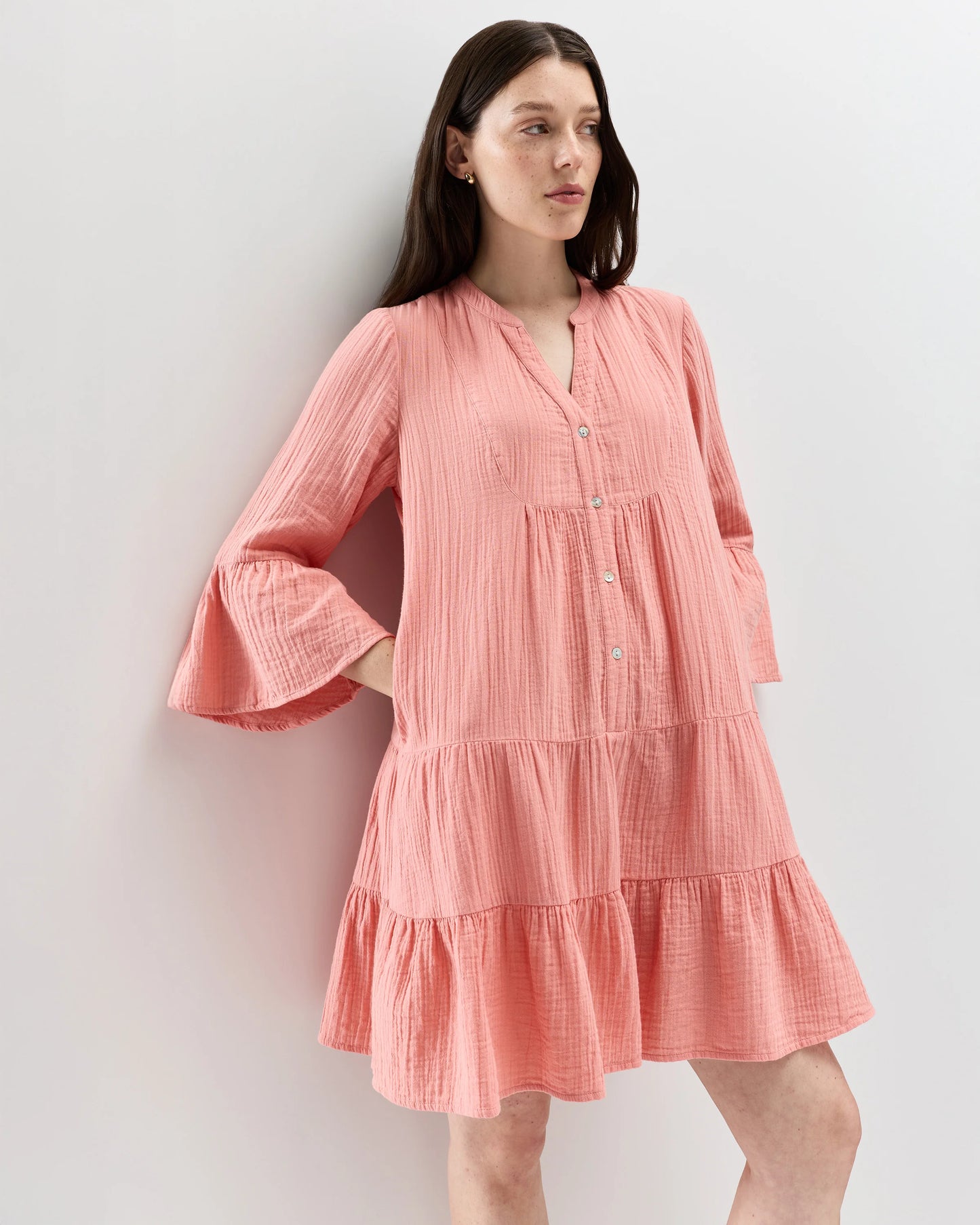 100% Organic Cotton Gauze Long Sleeve Tiered Mini Dress - XS / Amaranth Pink
