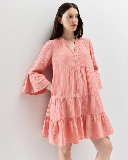 100% Organic Cotton Gauze Long Sleeve Tiered Mini Dress - XS / Amaranth Pink