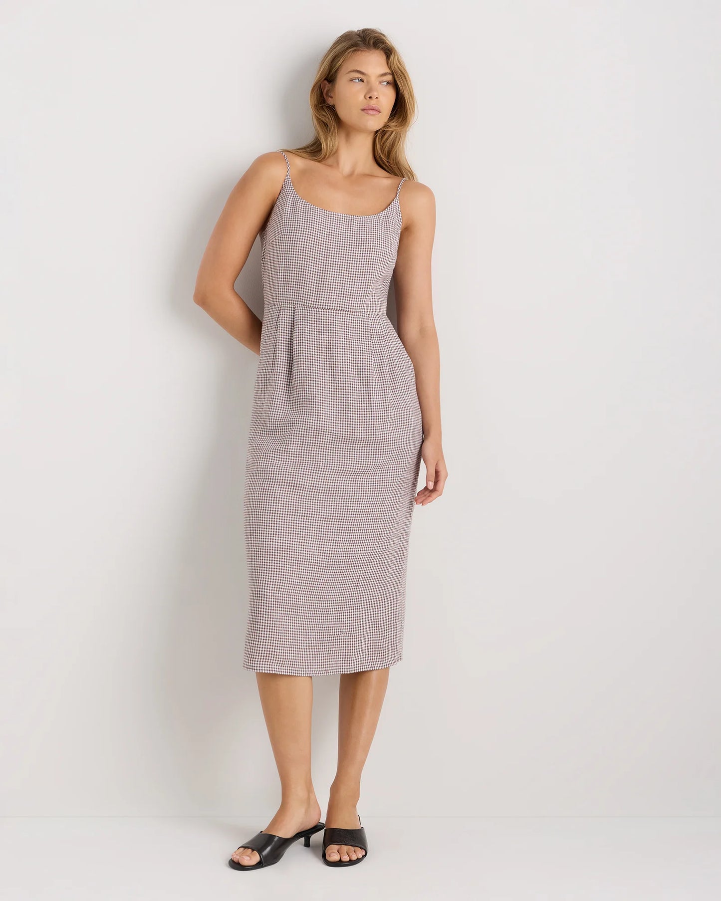 100% European Linen Scoop Neck Midi Dress - XS / Ivory Porcelain Blue Petite Floral