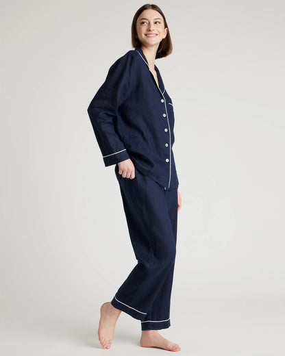 100% European Linen Long Sleeve Pajama Set with Piping - XS / Taupe Brown Gingham