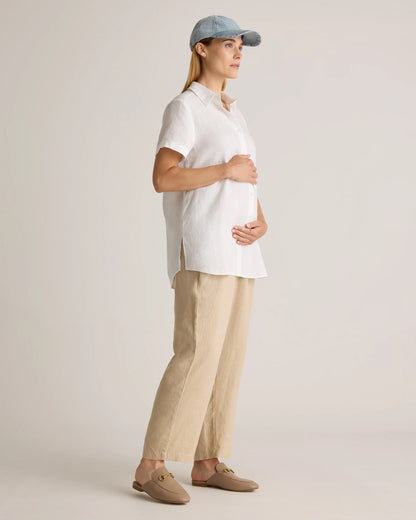 100% European Linen Maternity Camp Shirt - XS / Blue Pinstripe