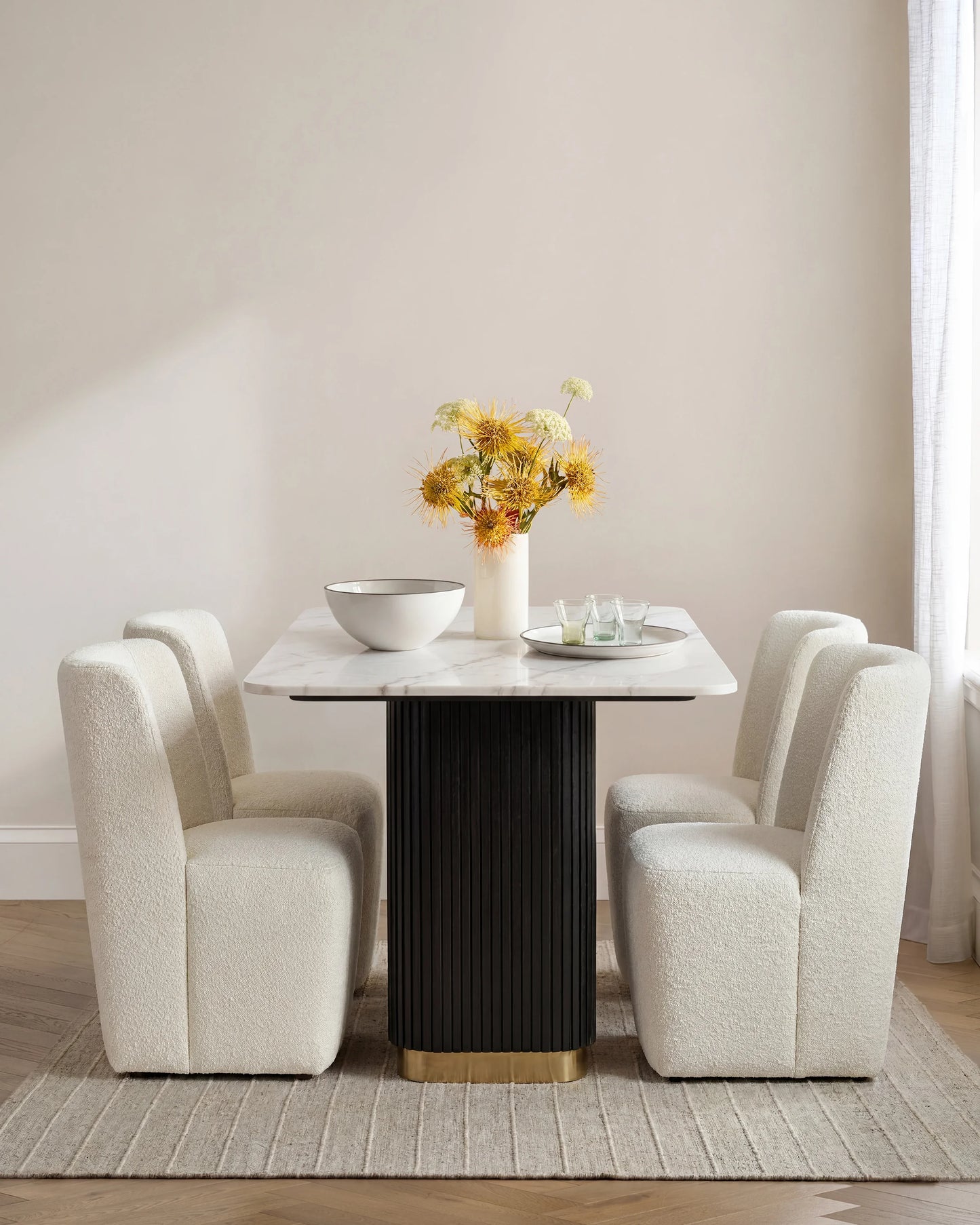 Fluted Wood and Genuine Marble Pedestal Dining Table - One Size / White/Black