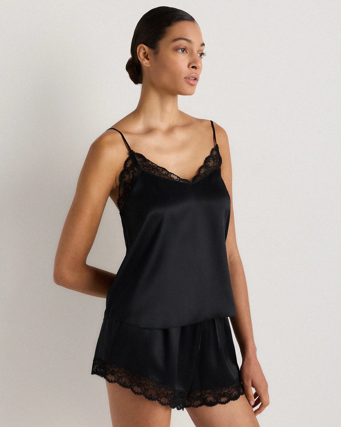 100% Washable Silk Satin Lace Cami Pajama Top - XS / Black