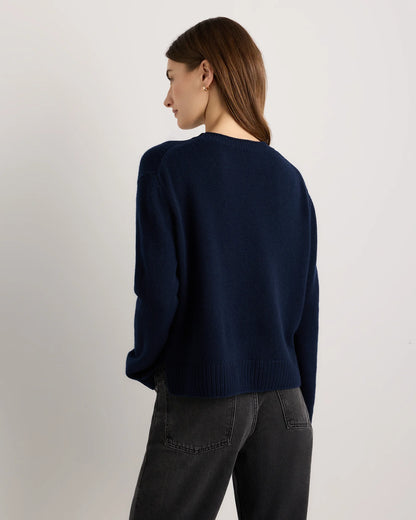 Mongolian Cashmere Boxy Crewneck Sweater - XS / Faded Denim/Brown/Ivory Variegated Stripe