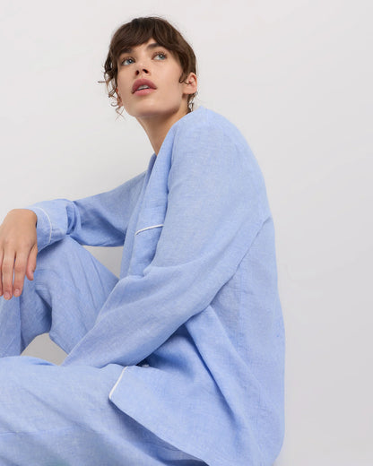 100% European Linen Long Sleeve Pajama Set with Piping - XS / Taupe Brown Gingham