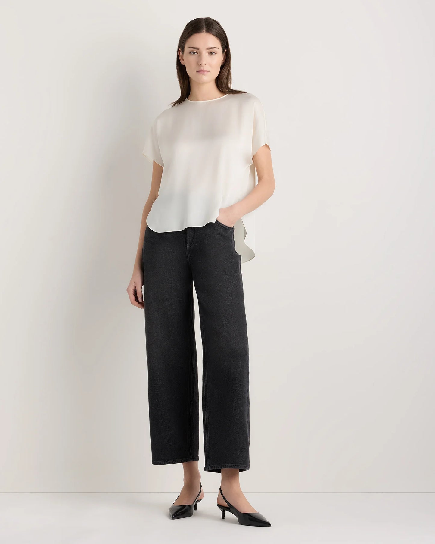 Washable Stretch Silk Split Hem Tee - XS / Ivory