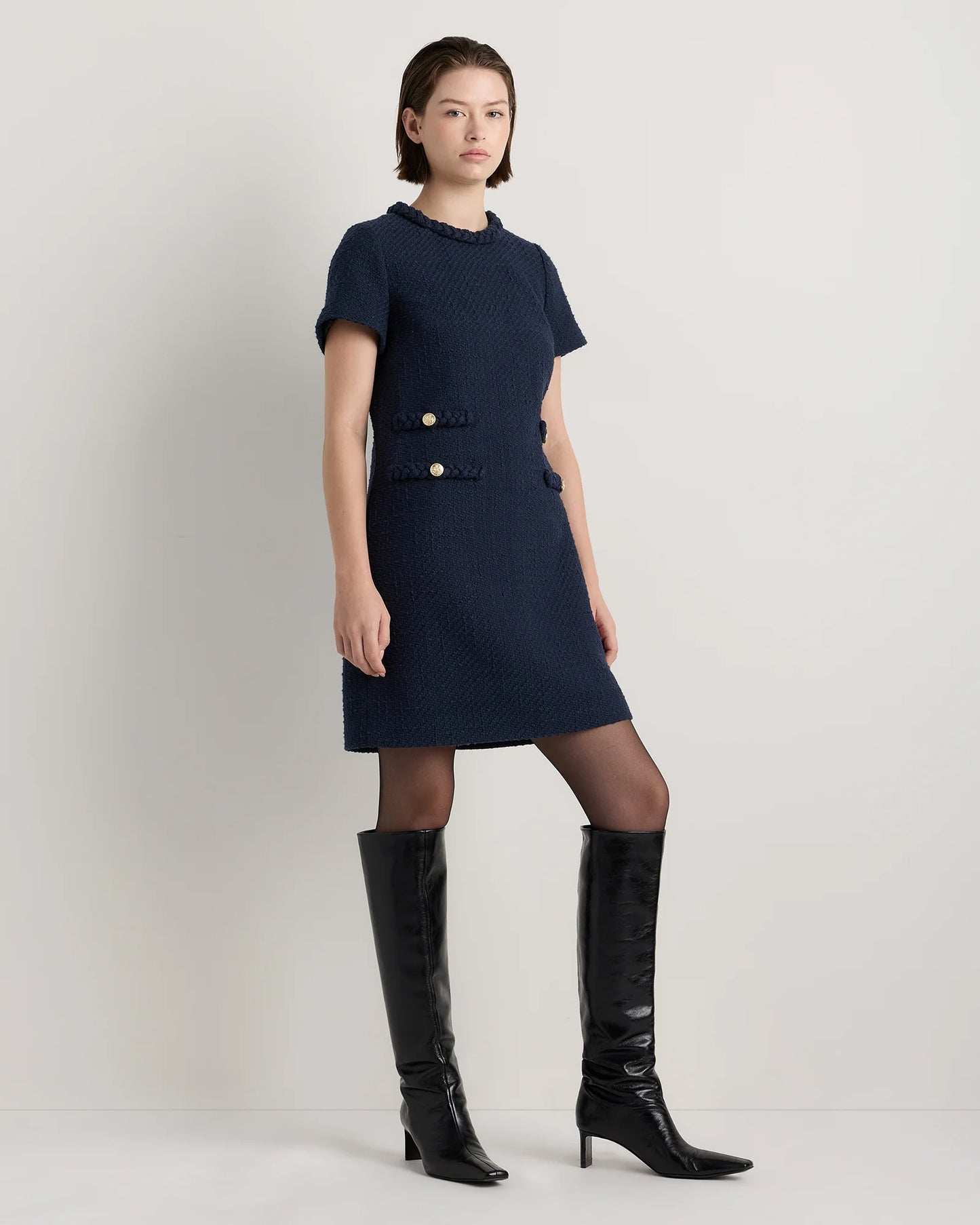 Tweed Short Sleeve Mini Dress - XS / True Black