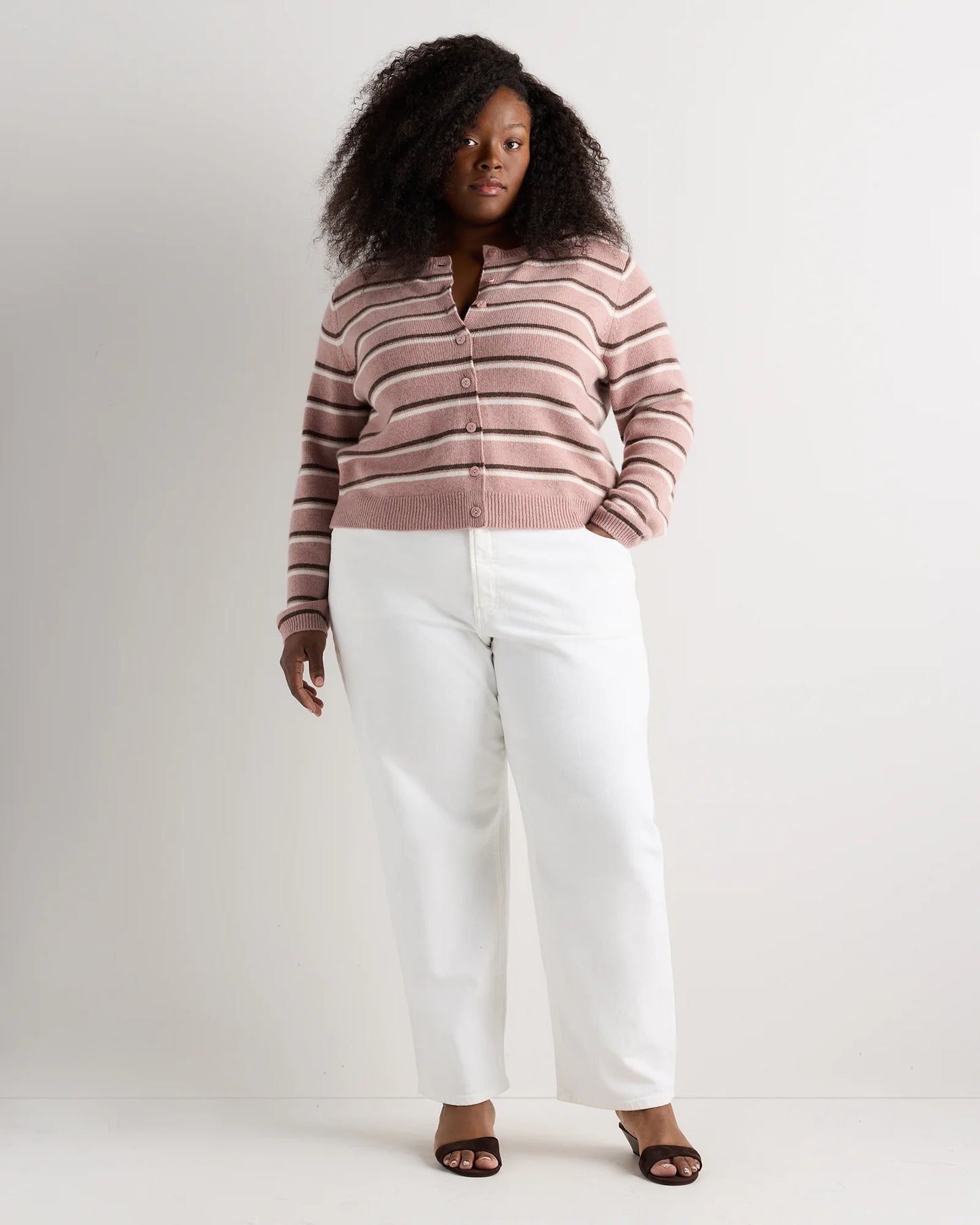 Mongolian Cashmere Cropped Crew Cardigan - 1X / Heather Vintage Pink / Brown Variegated Stripe