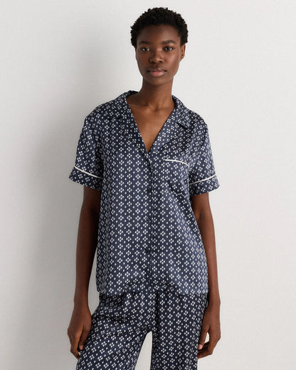 100% Washable Silk Satin Short Sleeve Pajama Top - XS / Tiny Diamonds