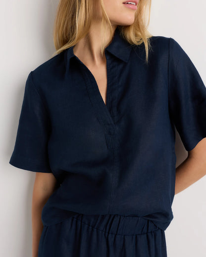 100% European Linen Short Sleeve Popover Top - XS / Blue Pinstripe