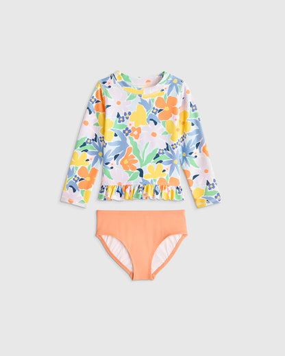 Long Sleeve Ruffle Rash Guard Two-Piece Swimsuit - 2T / Poolside Floral