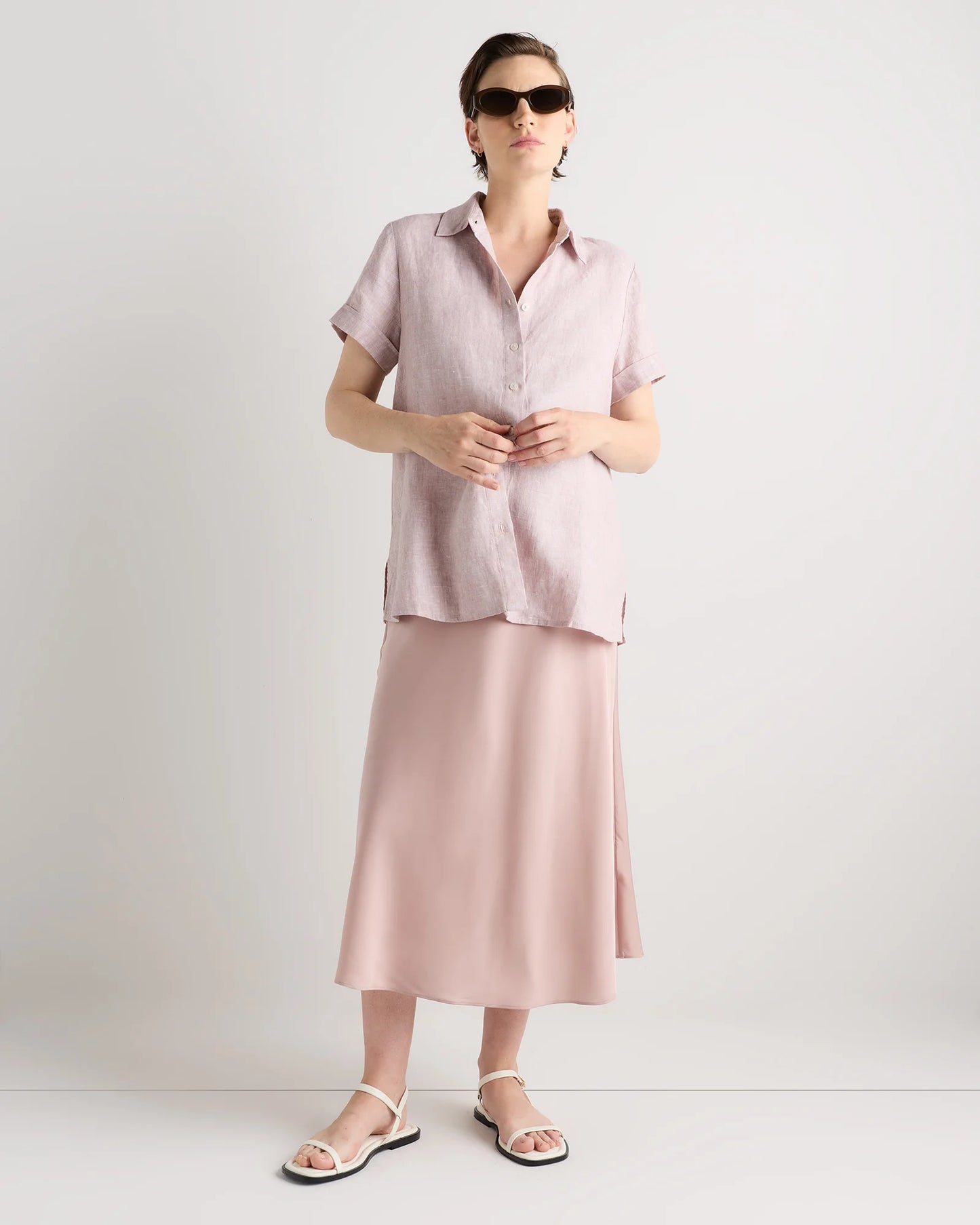 100% European Linen Maternity Camp Shirt - XS / Blue Pinstripe
