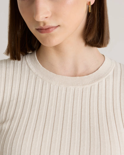 Cotton Cashmere Ribbed Long Sleeve Sweater - XS / Sugar Stone