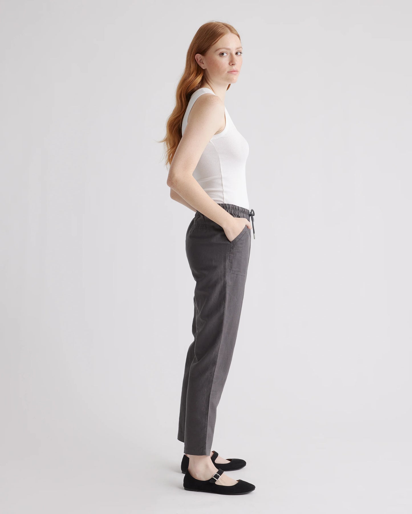 Cotton Linen Twill Straight Leg Pants - XS / Charcoal