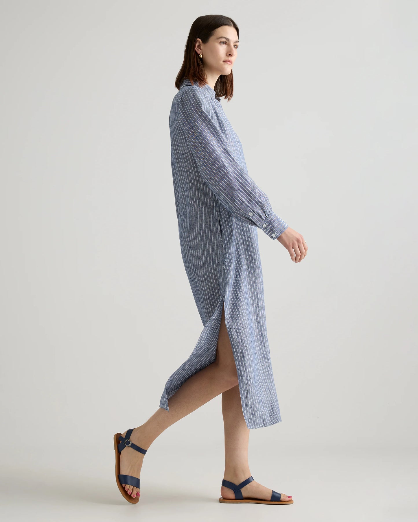 100% European Linen Popover Maxi Dress - XS / Blue Pinstripe