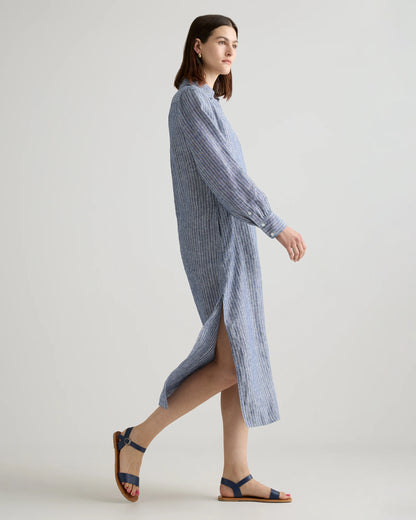 100% European Linen Popover Maxi Dress - XS / Blue Pinstripe