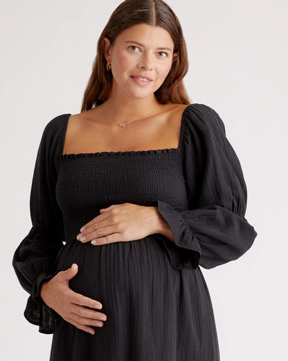 100% Organic Cotton Gauze Maternity Smocked Midi Dress - XS / Wild Cherry