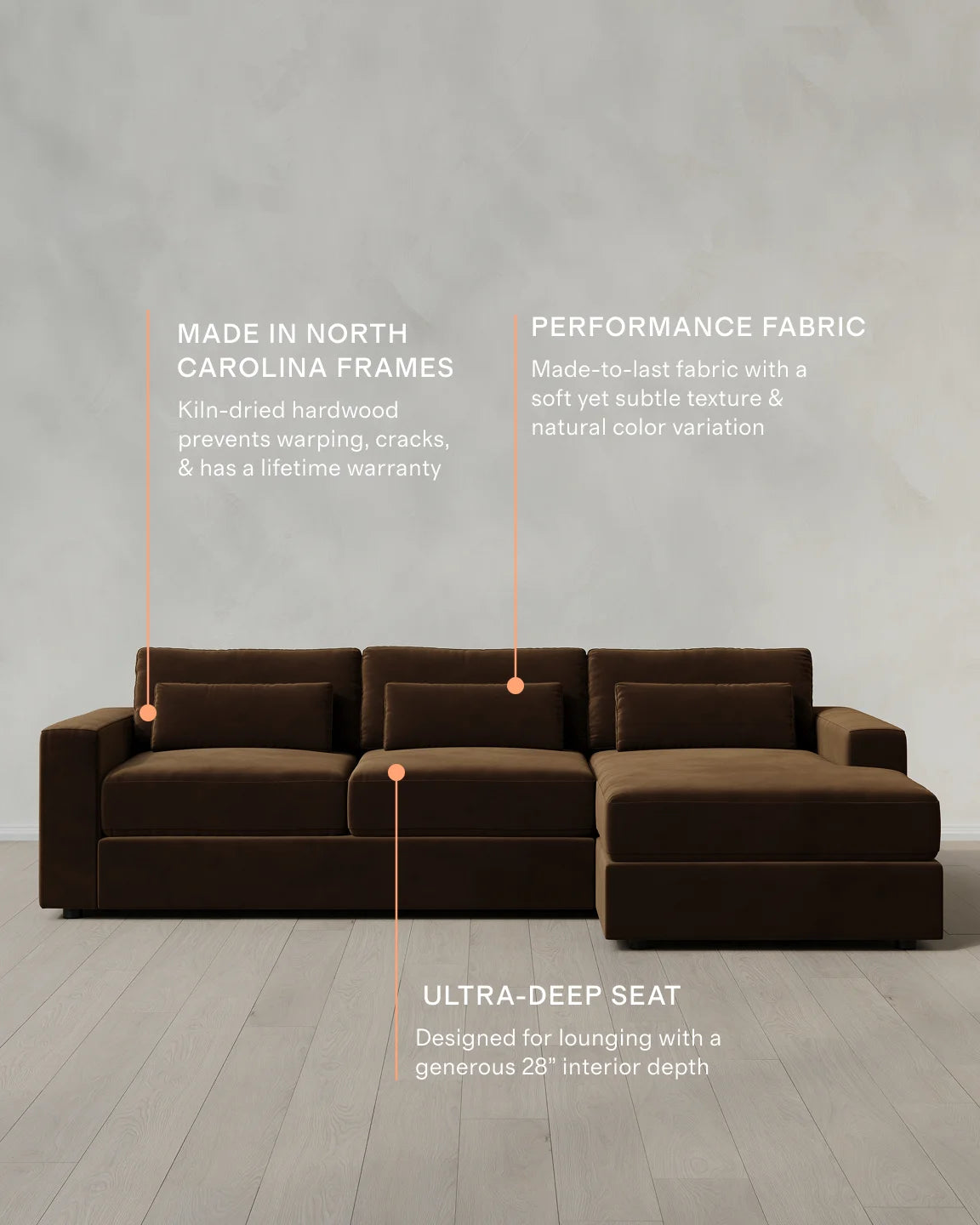 Ashford Deep Seat Chaise Sectional in Performance Velvet - 119" Right Arm / Rust